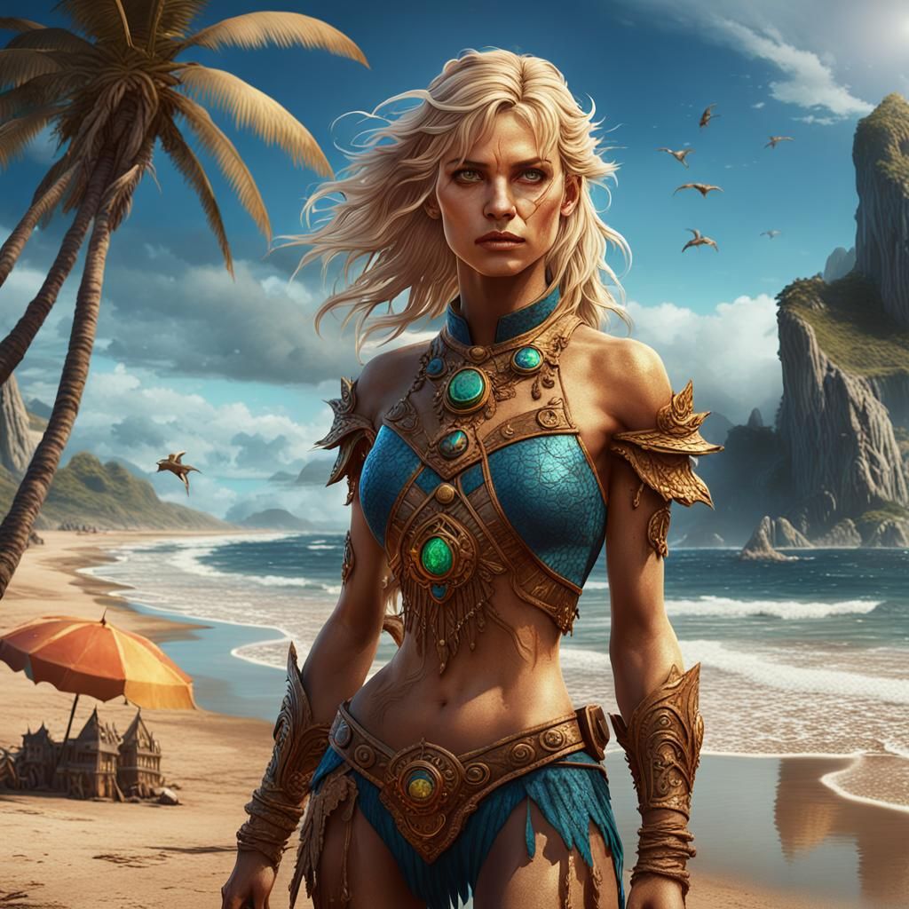 Brazilian Blonde on Beach: Detailed Matte Painting