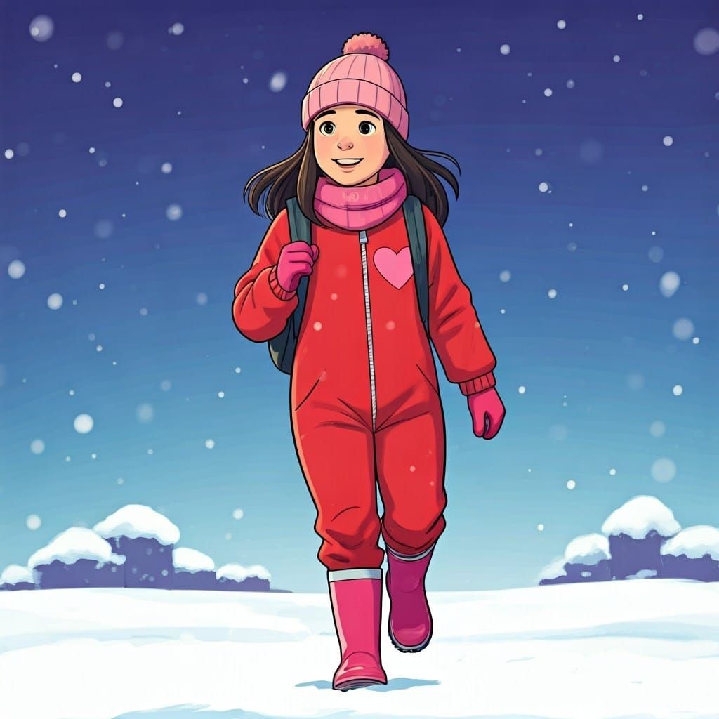 Girl with Backpack Walks Home in Winter Snow