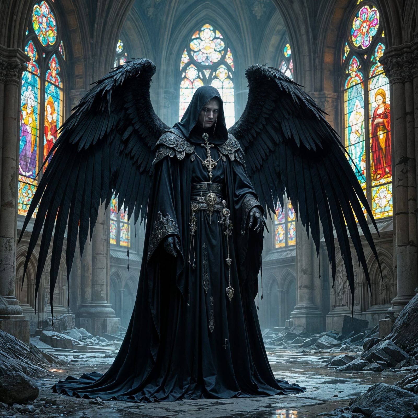 Gothic Priest Weeps in Decaying Cathedral