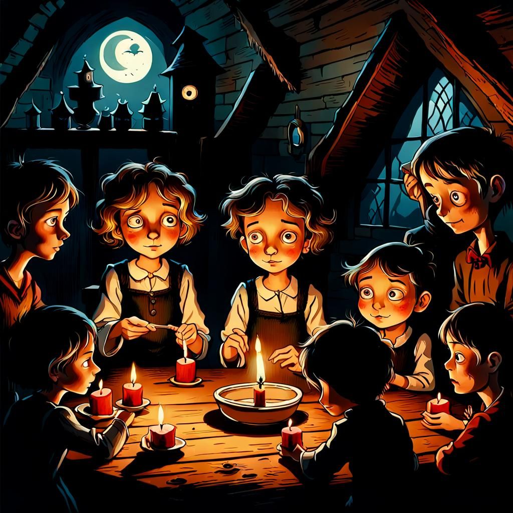 Candlelit Storyteller in Attic: Dark Whimsy Illustration