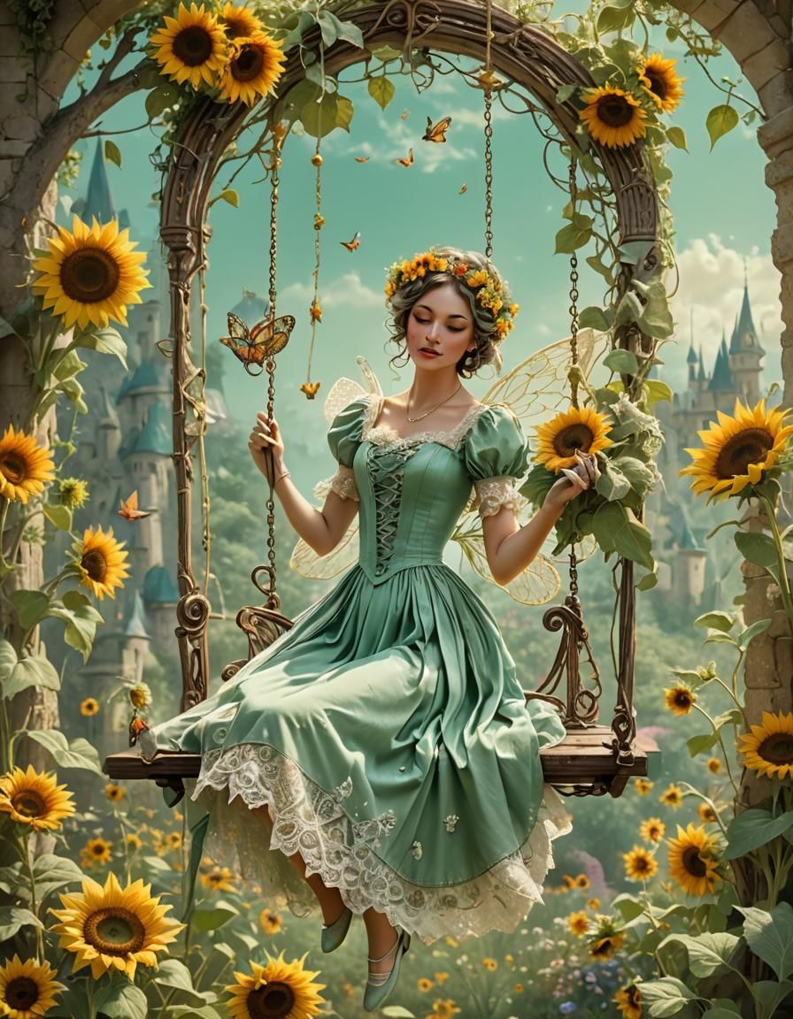 Summer Fairy on Floral Swing, Fantasy Concept Art