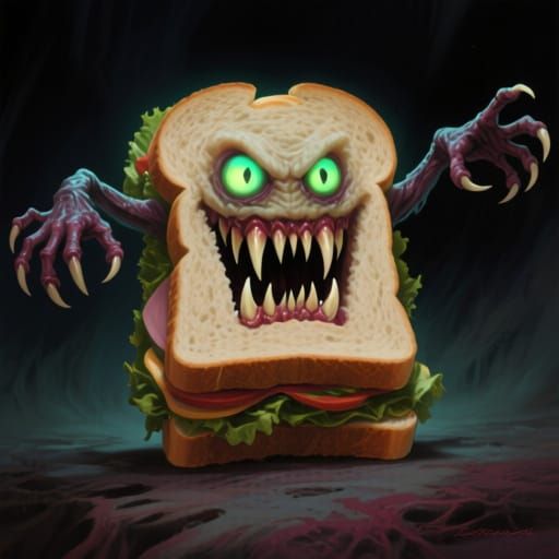 Monstrous Sub Sandwich with Fangs and Glowing Eyes