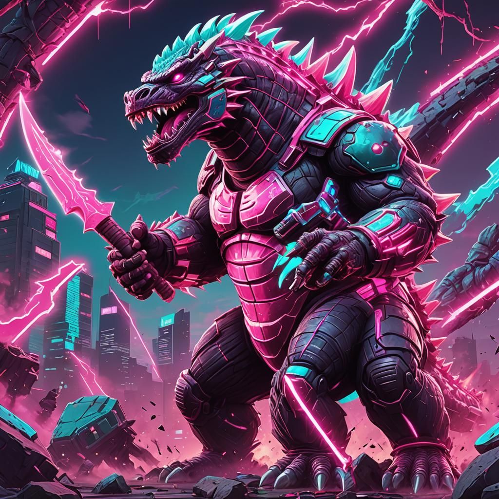Godzilla vs King Kong in Synthwave Neon Style