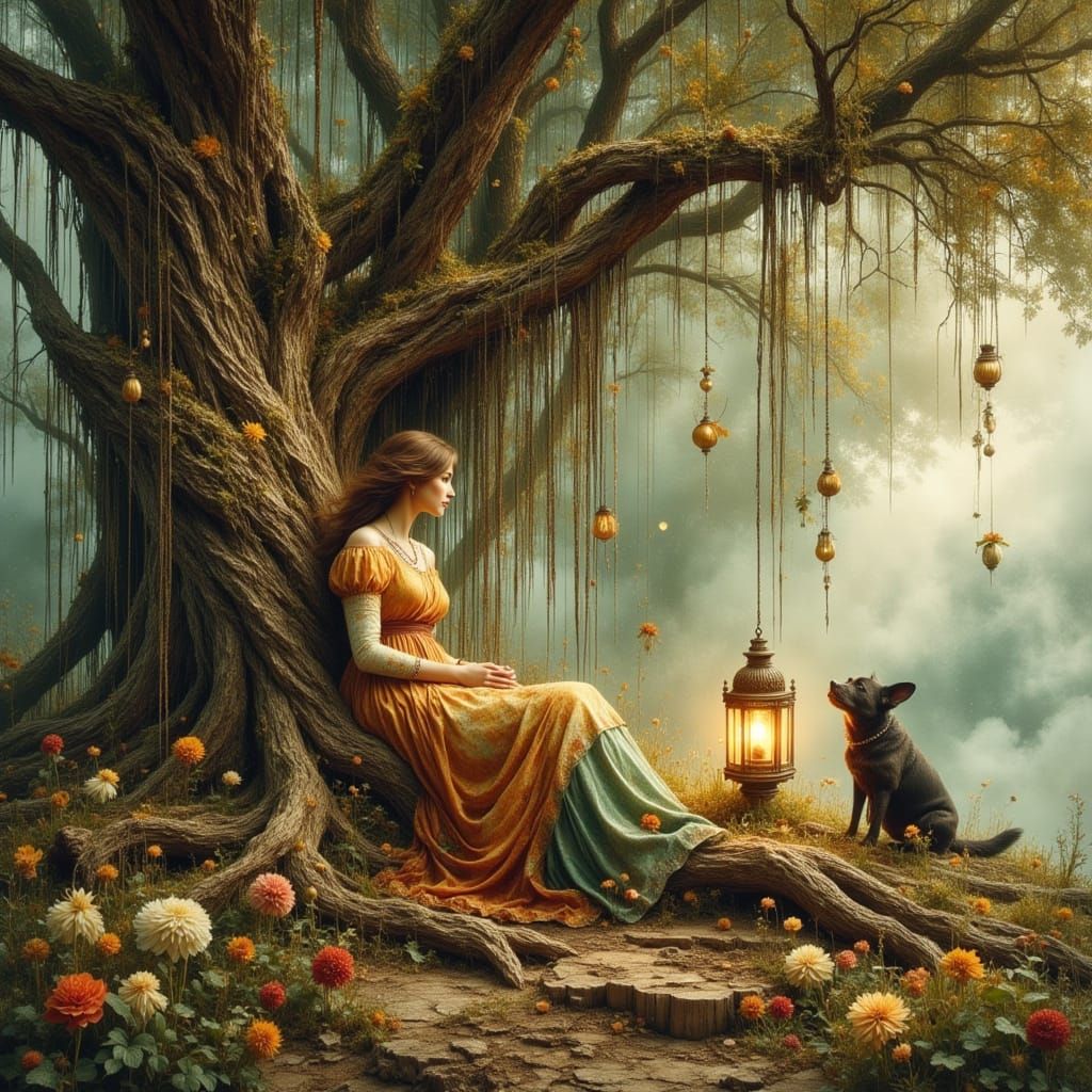 Ancient Tree Woman and Dog with Lantern