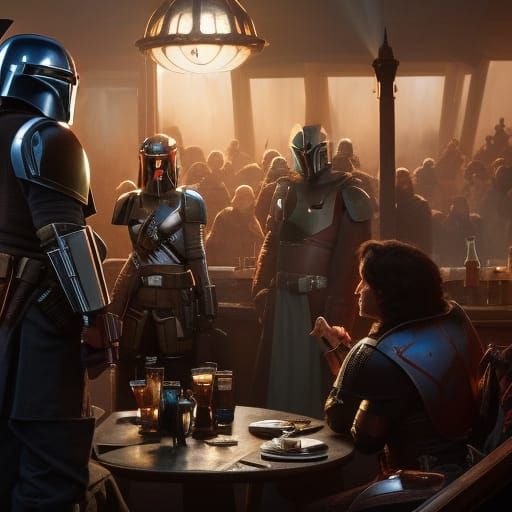 Mandalorian and Knight in Pub, Hyperdetailed Art