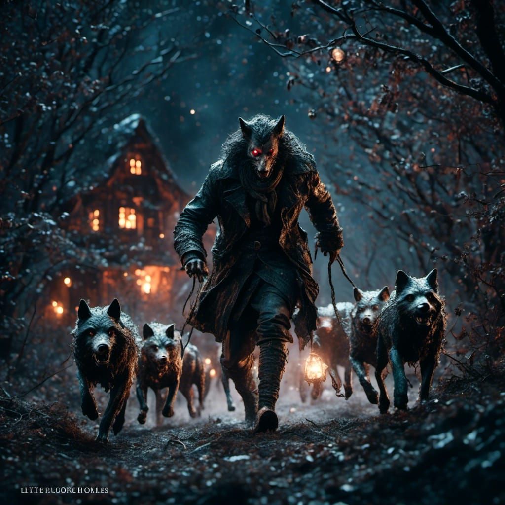 Glowing-Eyed Wolf Chasing the Three Little Pigs