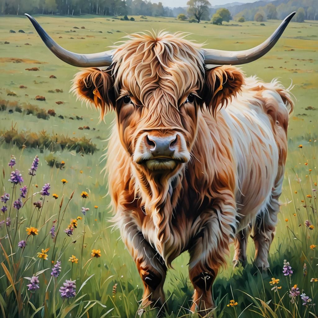 Pastel Highland Cow in Serene Pasture