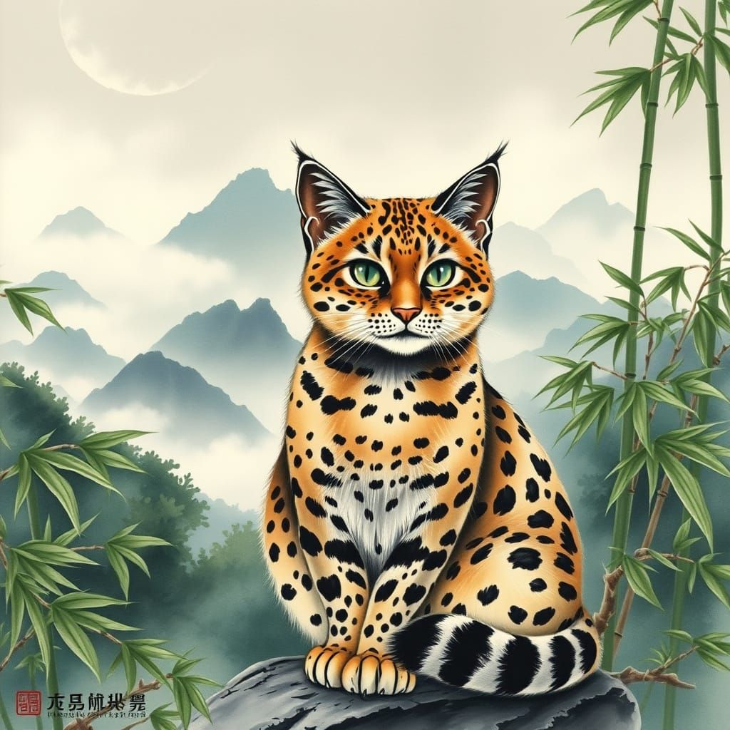 Classic Chinese Leopard Cat in Watercolor Splendor