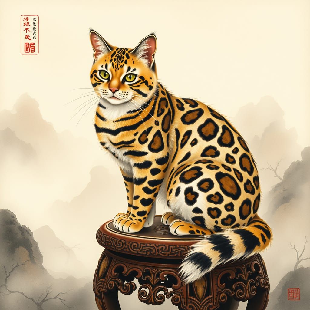 Golden Chinese Leopard Cat in Dreamy Landscape