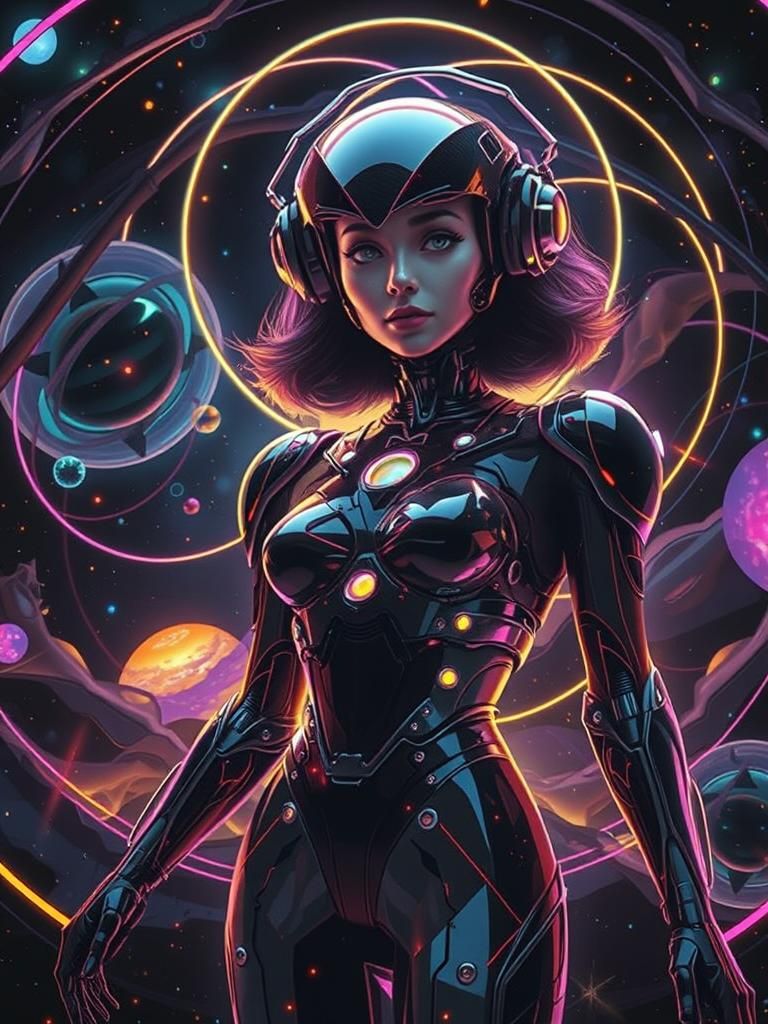 Retro-Futuristic Robot Woman in Cosmic Portal