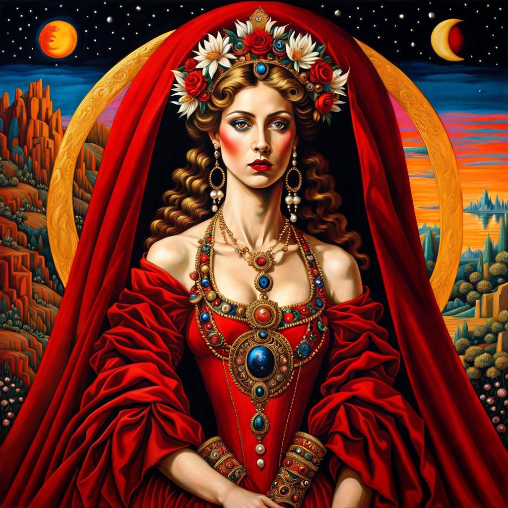 Queen in Red Dress with Cosmic Gothic Style