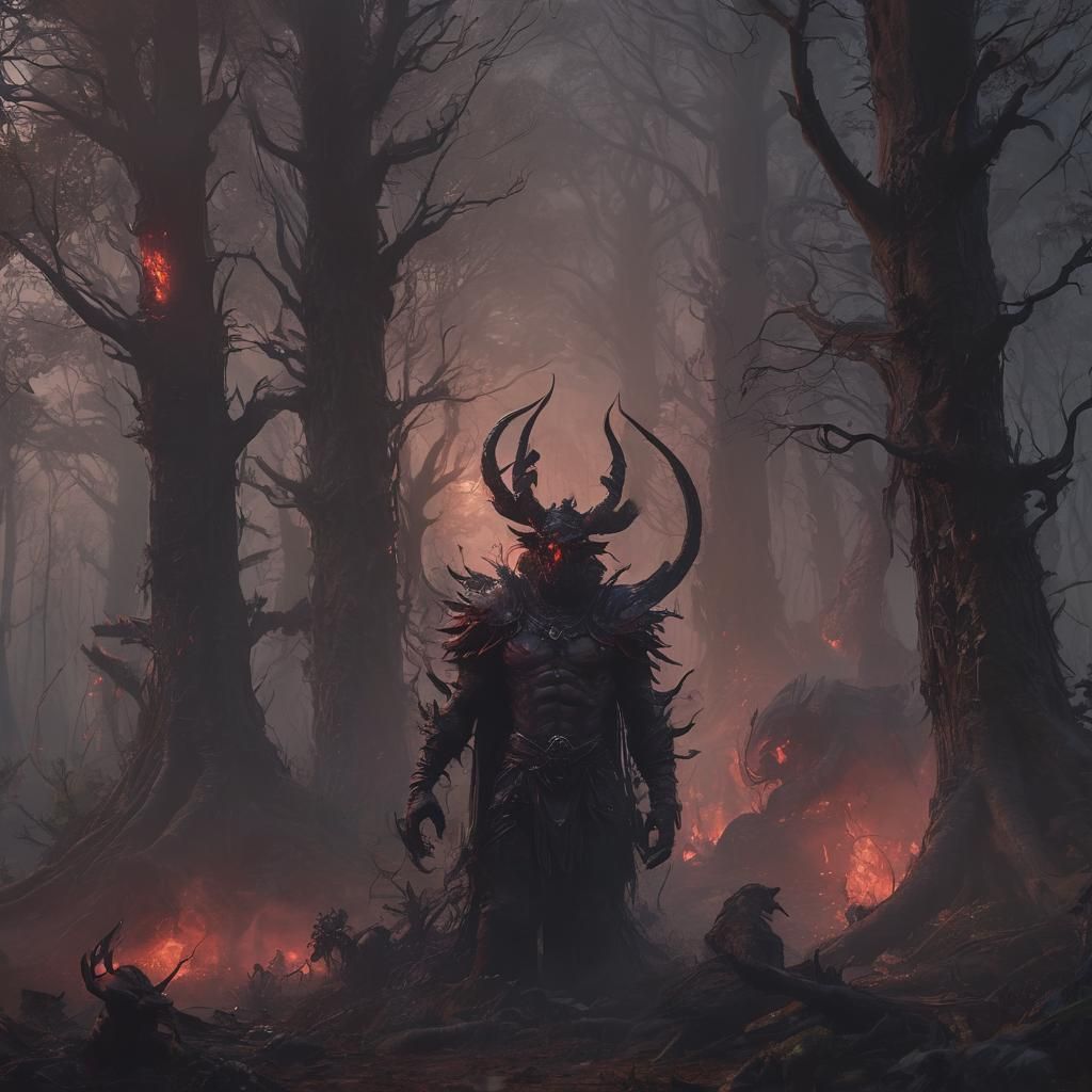 Demon Samael Laughing in Haunted Forest: Dark Fantasy Art