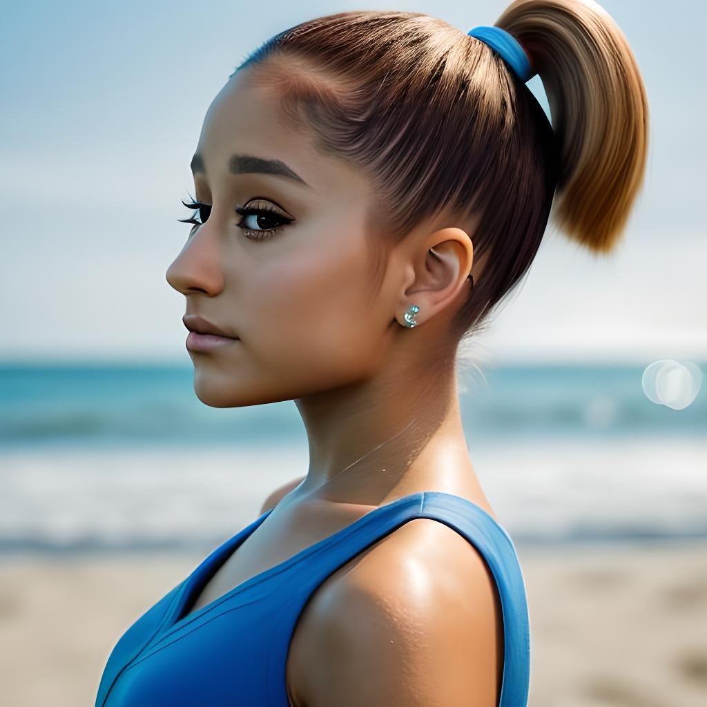 Ariana Grande at the Beach with Short Ponytail