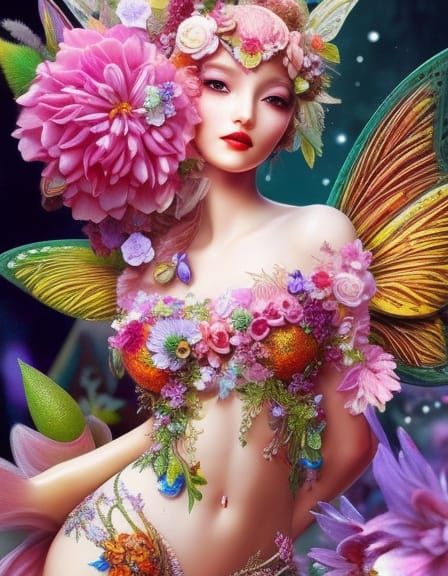Detailed Flower Fairy Creature in Mixed Media Collage