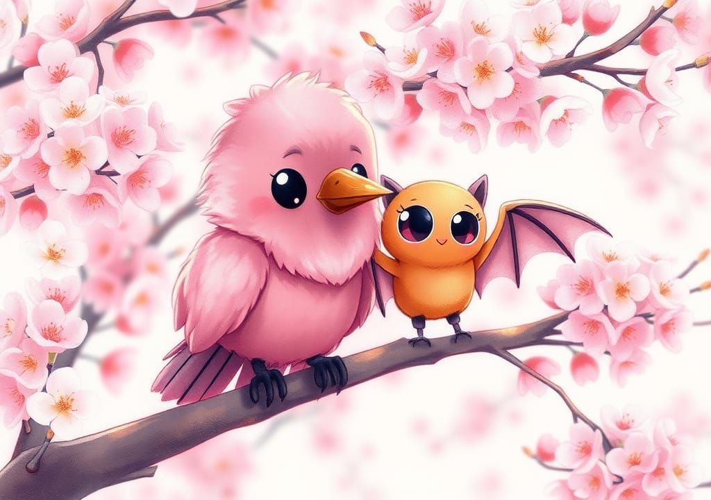 Pink Crow and Orange Bat in Kawaii Sanrio Style