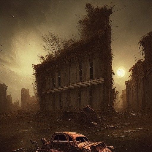 Sinister Rusty Car in Ruins: Gothic Horror