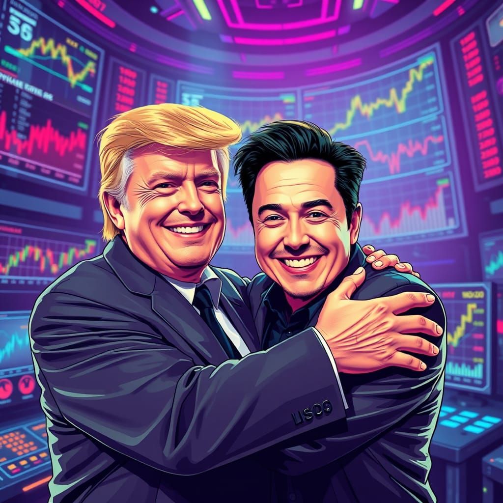 Trump and Musk Embrace in Retro Pop Art Style