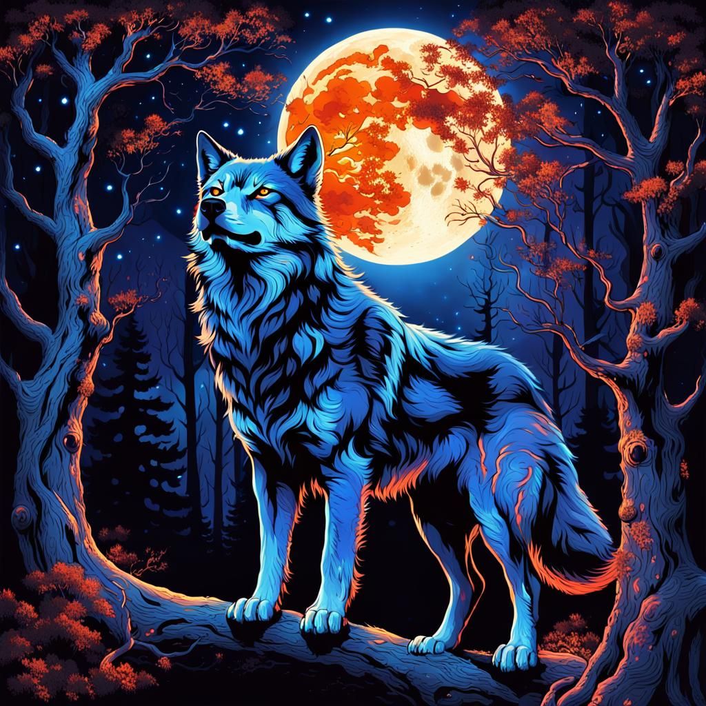 Luminous Fire Wolf Under Moonlit Sky