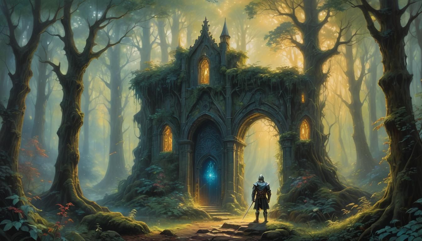 Knight and Glowing Portal in Mystical Forest