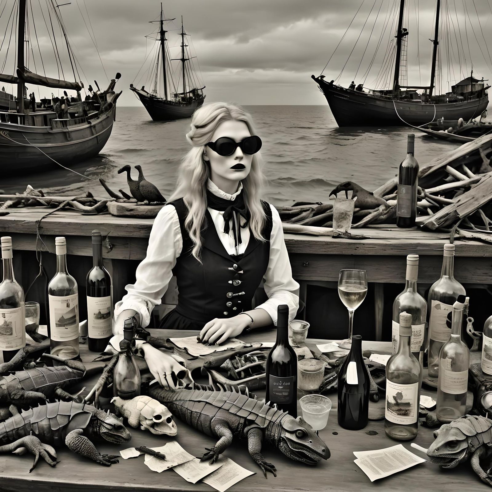 Gothic Model in Tropical Scene, Black and White Photo