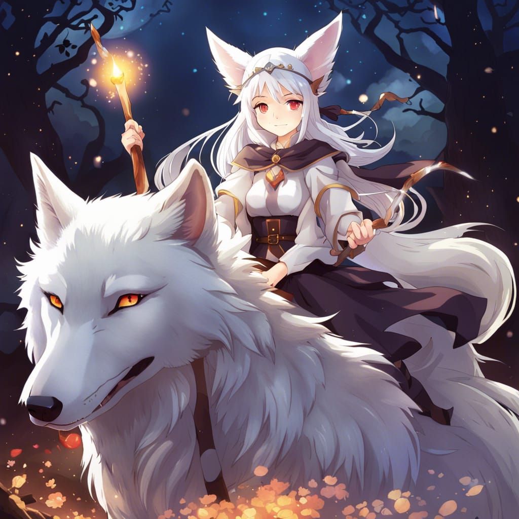 Anime Witch Riding a Wolf in Miyazaki Style