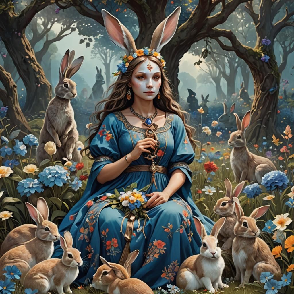 Rabbit Woman Goddess in a Flower Garden