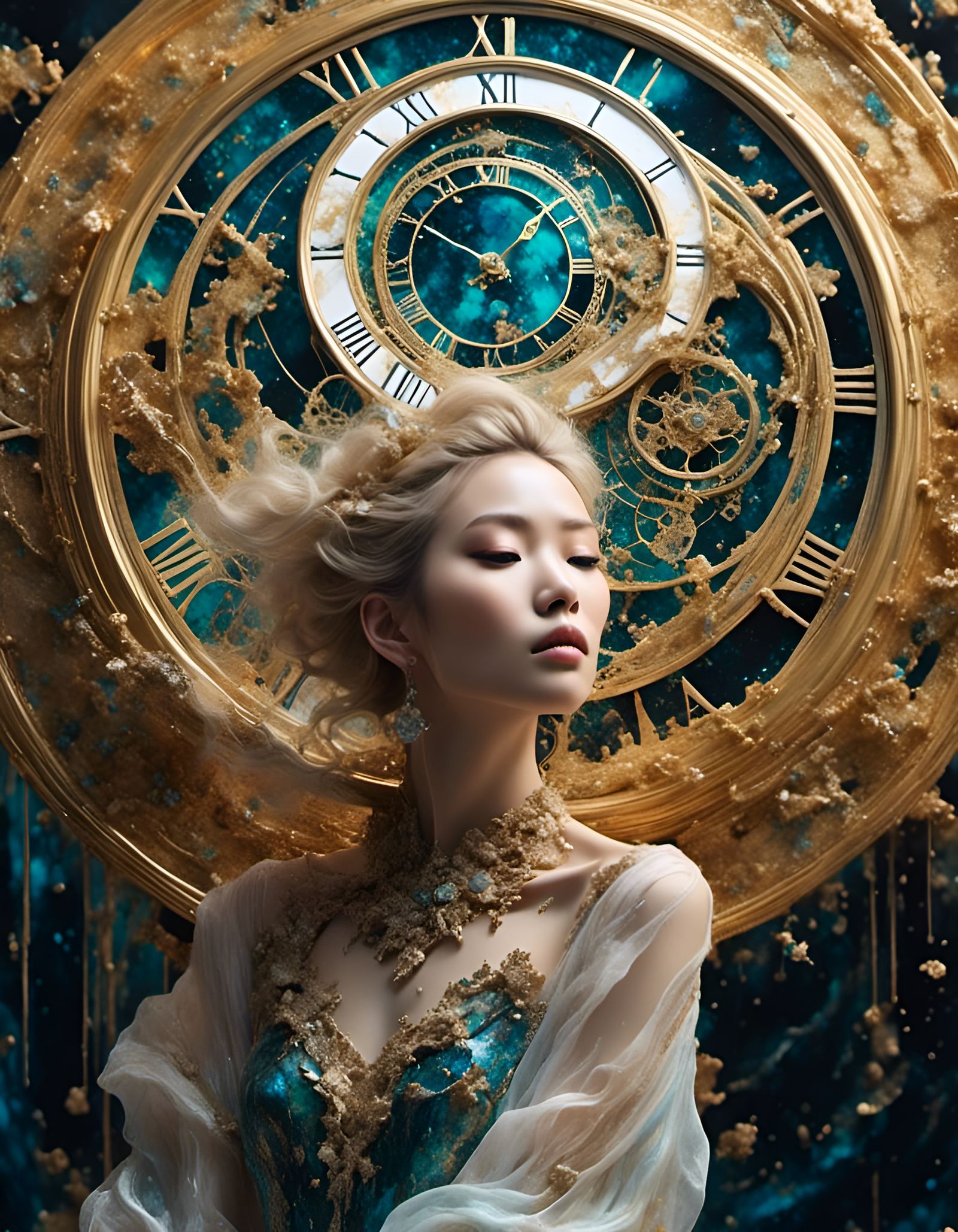 Asian Woman's Dream of Time in Acrylic Texture