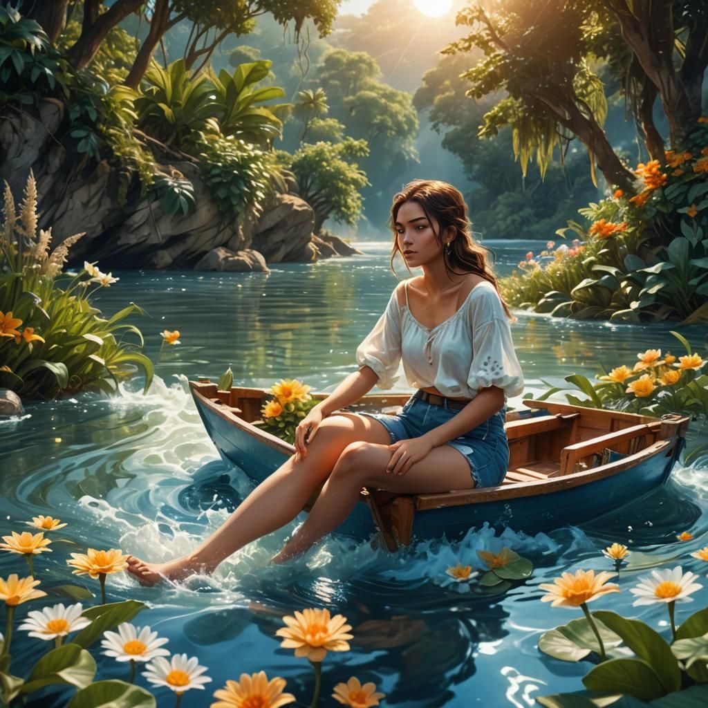 Girl in Boat: Vibrant Fantasy Realism in 8k