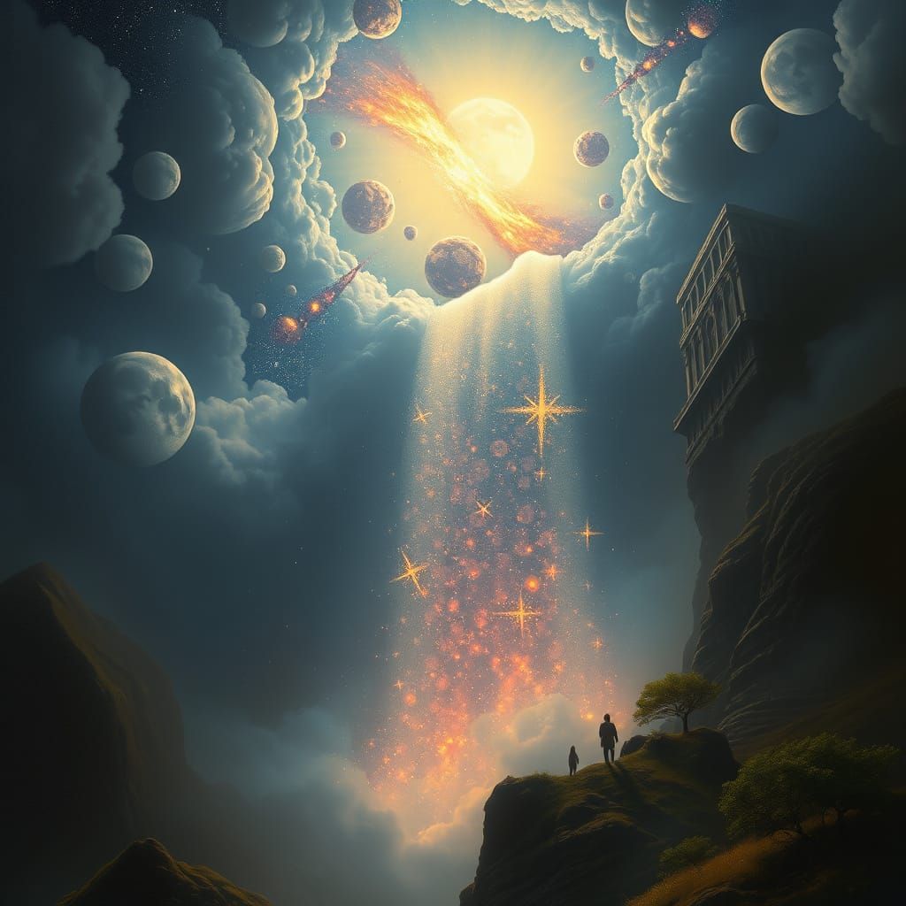 Celestial Waterfall of Stardust Over Moonlit Landscape