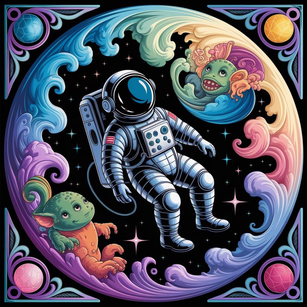 Astronaut in Whimsical Art Nouveau Galaxy