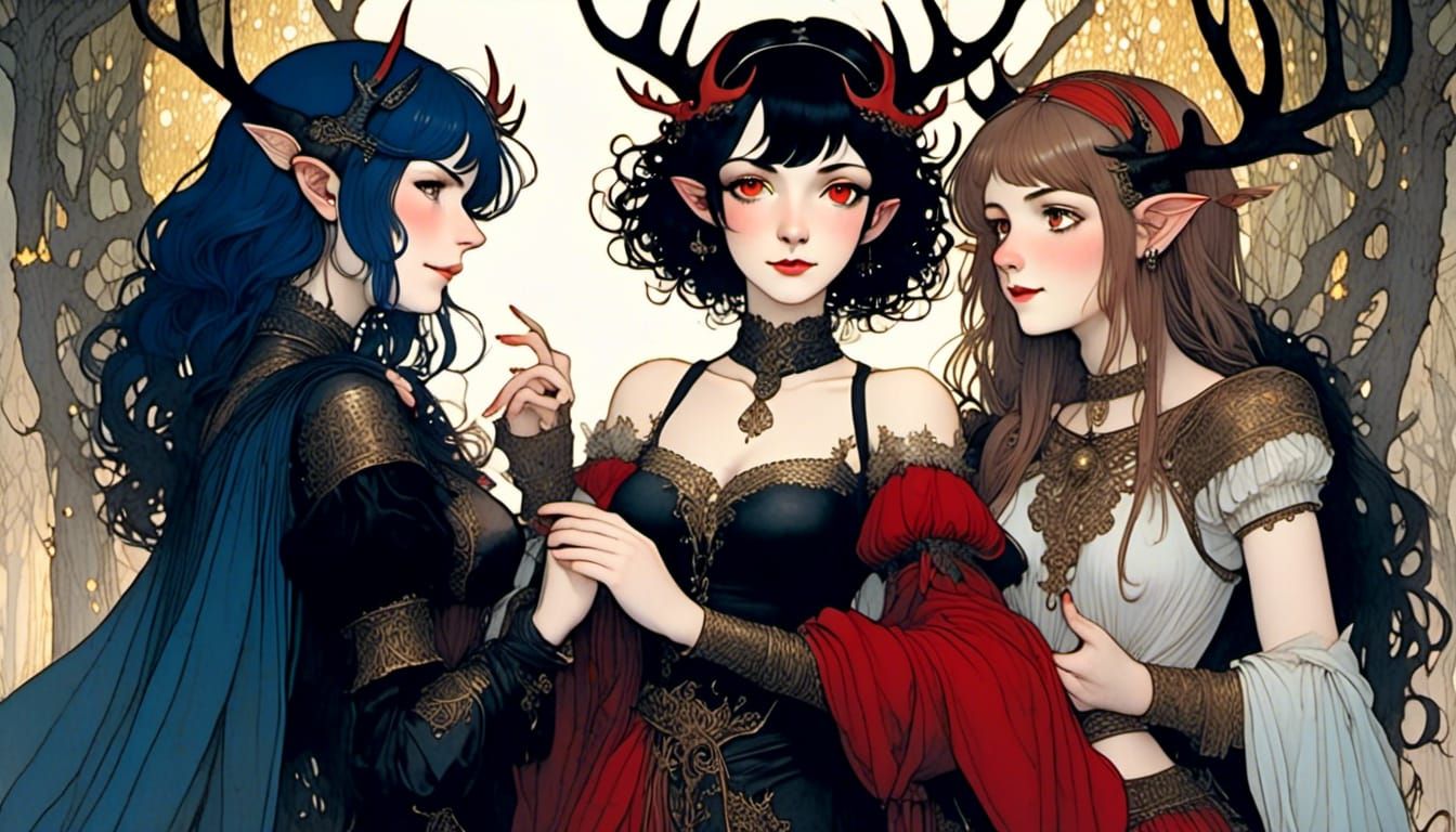 Antlered Woman with Glowing Eyes in Pen and Ink Style