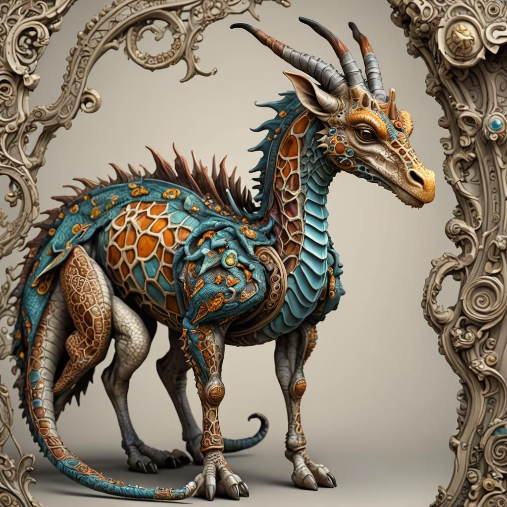 Hyperrealistic Dragon-Giraffe Hybrid with Experimental Color