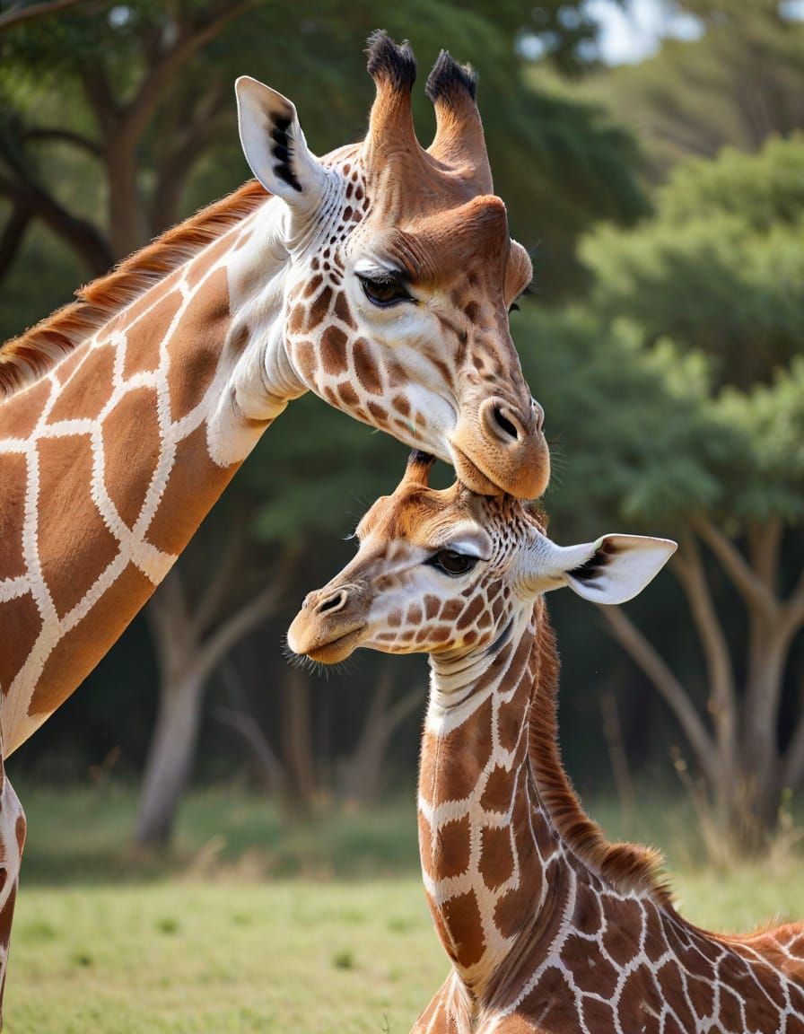 Gentle Giraffe Nuzzle: Mother and Baby