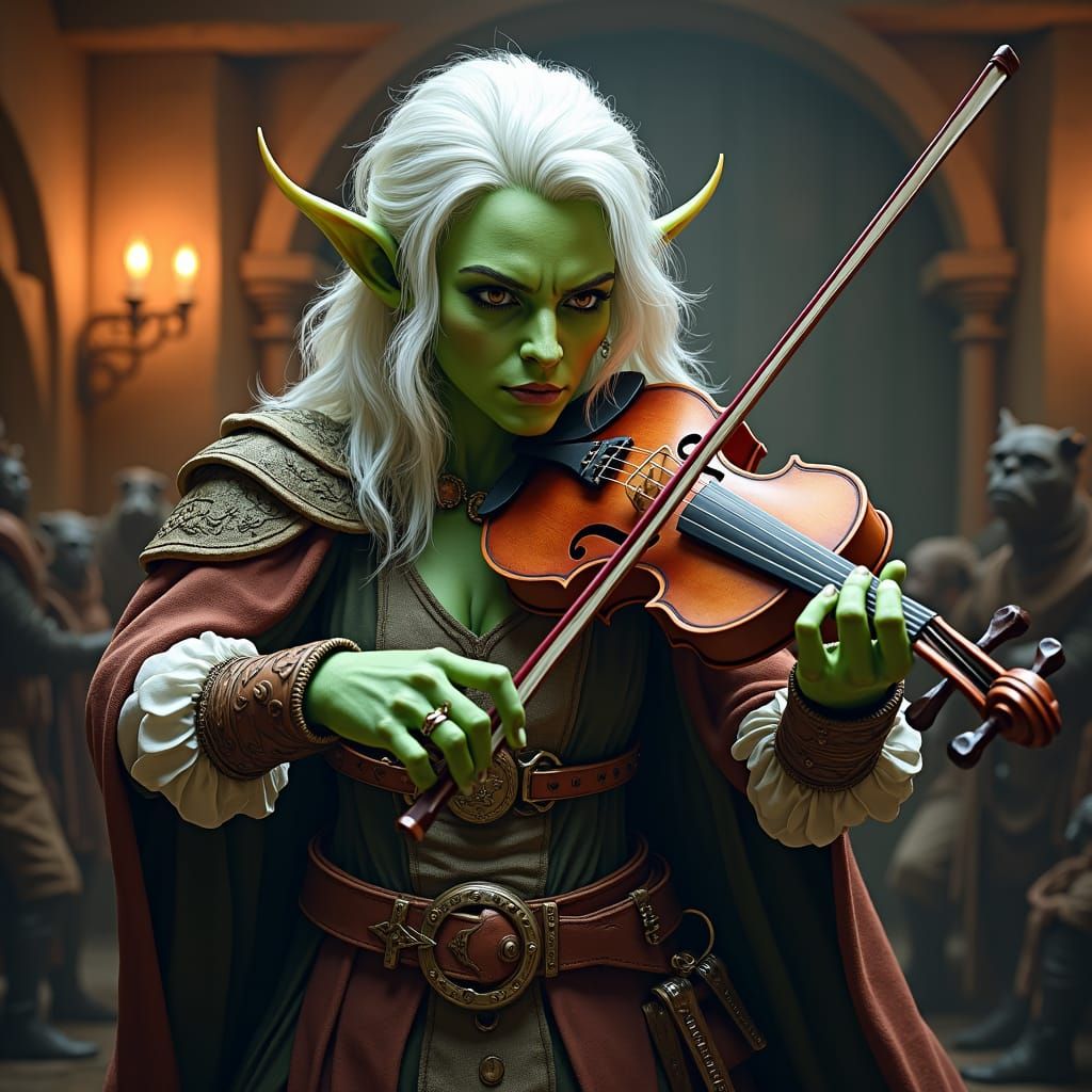 Half-Orc Bard Plays Fiddle in Fantasy Pub
