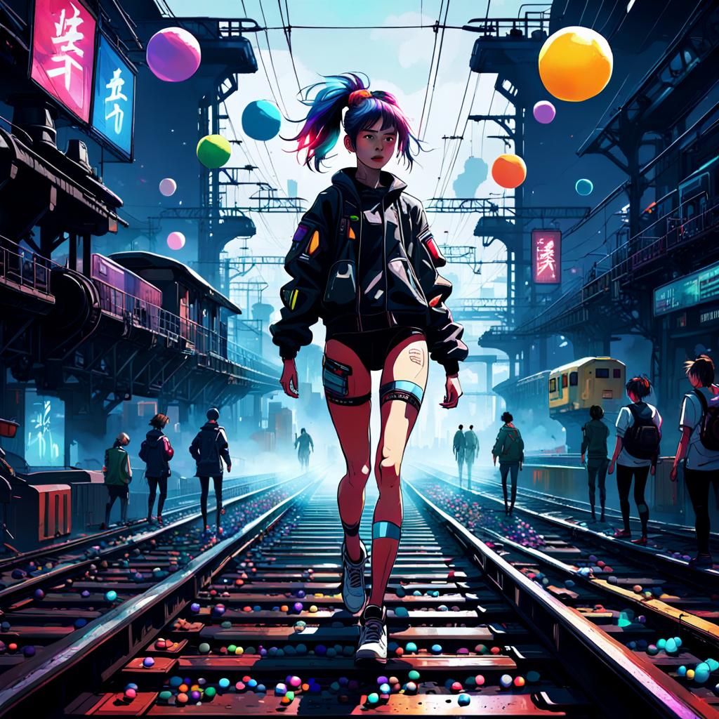 a woman standing on top of a train track, cyberpunk art, ins...
