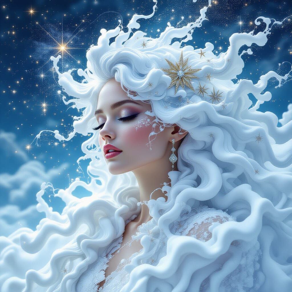 Ethereal Woman Portrait with Cloud Hair and Stars