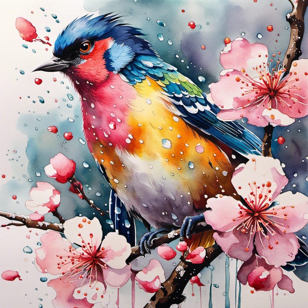 Colorful Bird and Sakura Watercolor Painting