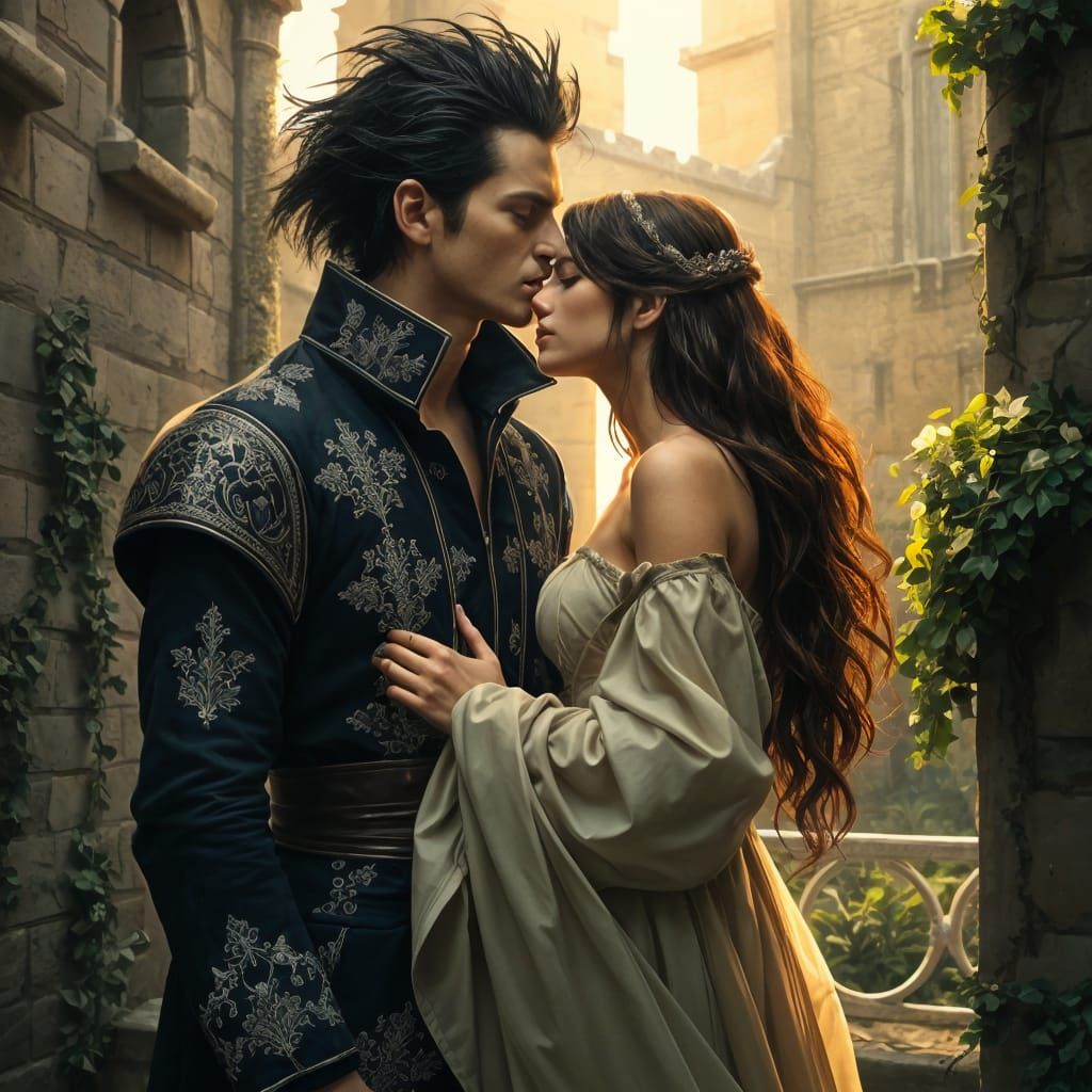 Intense Fantasy Couple in a Romantic Kiss Scene, in Pre-Raph...