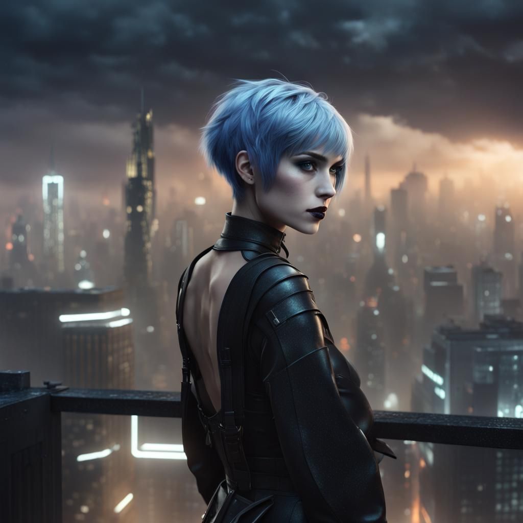 Blue-Haired Girl in Sci-Fi City at Night