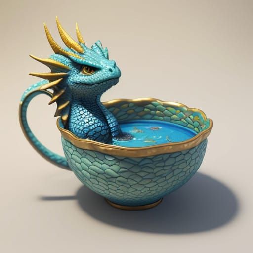 Whimsical Dragon in a Teacup: Vibrant 3D Art