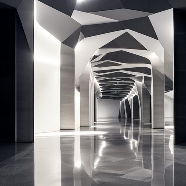 Futuristic Curvilinear Interior with Green Ivy in Fog