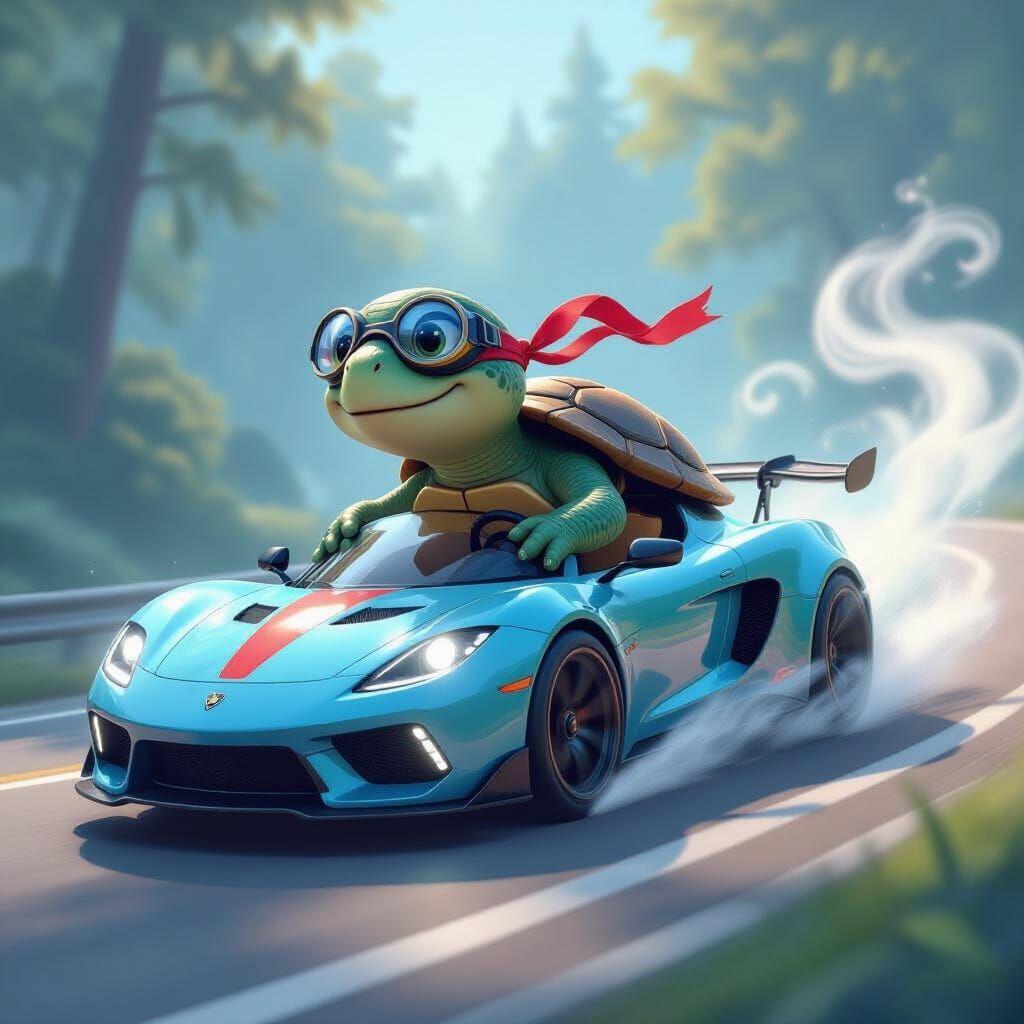 Cartoon Turtle Races Supercar in Ethereal Mist