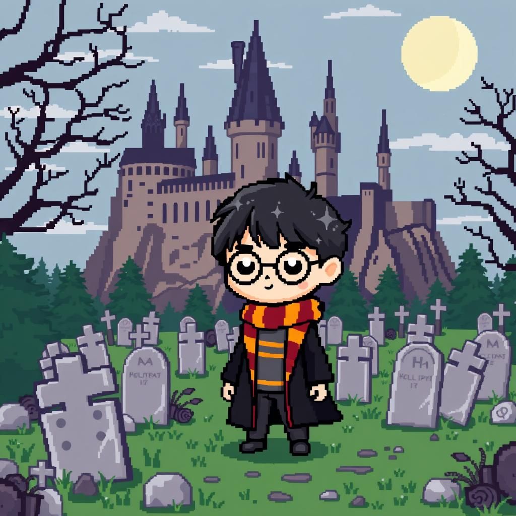 Chibi Harry Potter Pixel Art at Hogwarts Graveyard