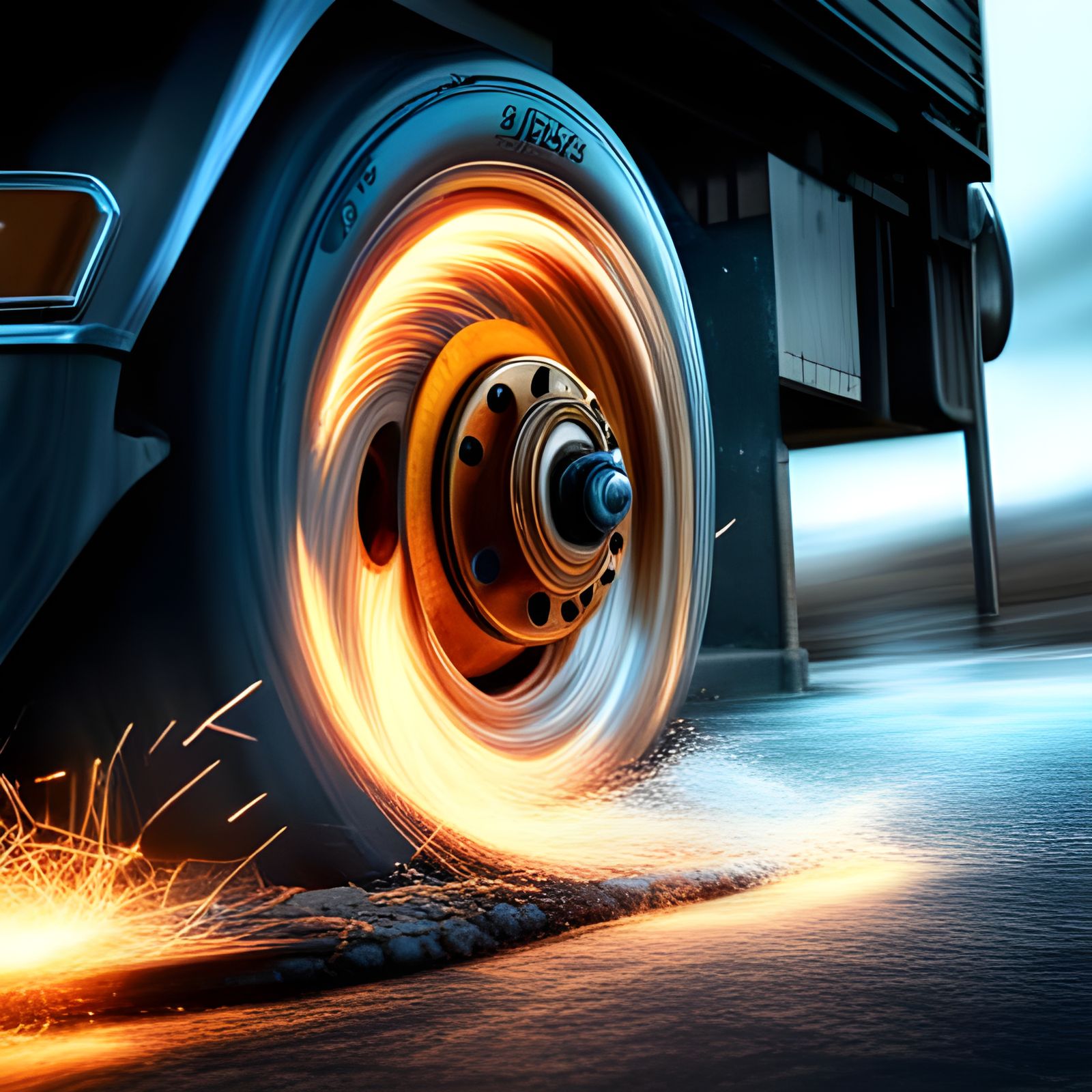 Sparks Flying from Truck Wheels: Hyperrealistic Digital Art