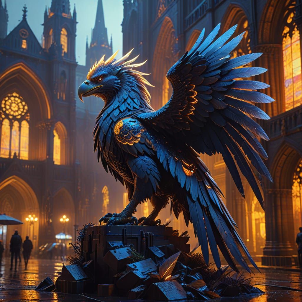 Cyberpunk Griffin on Neo-Gothic Cathedral