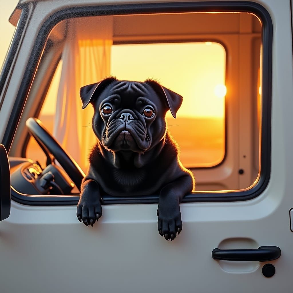 Black Pug's Motorhome Adventure: Oil on Canvas