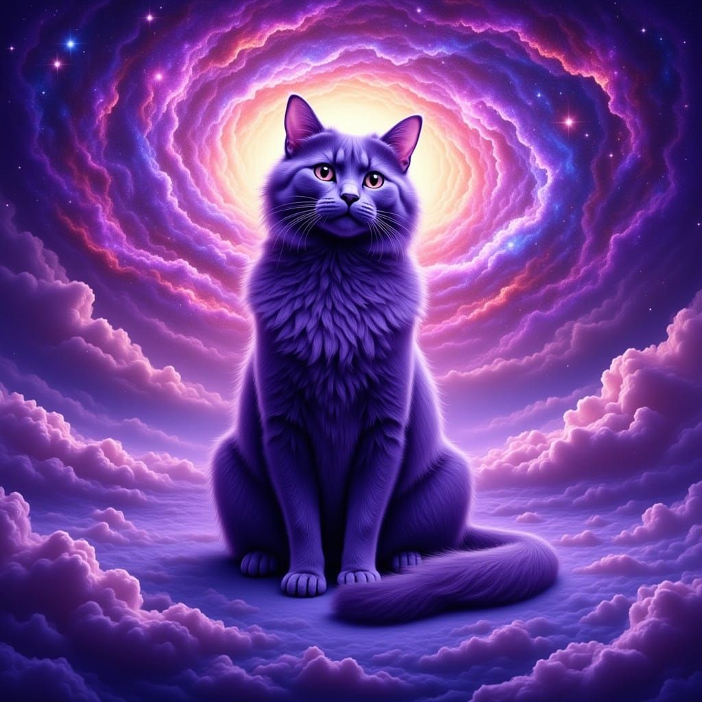 Majestic Purple Galaxy Cat in Cosmic Dreamscape