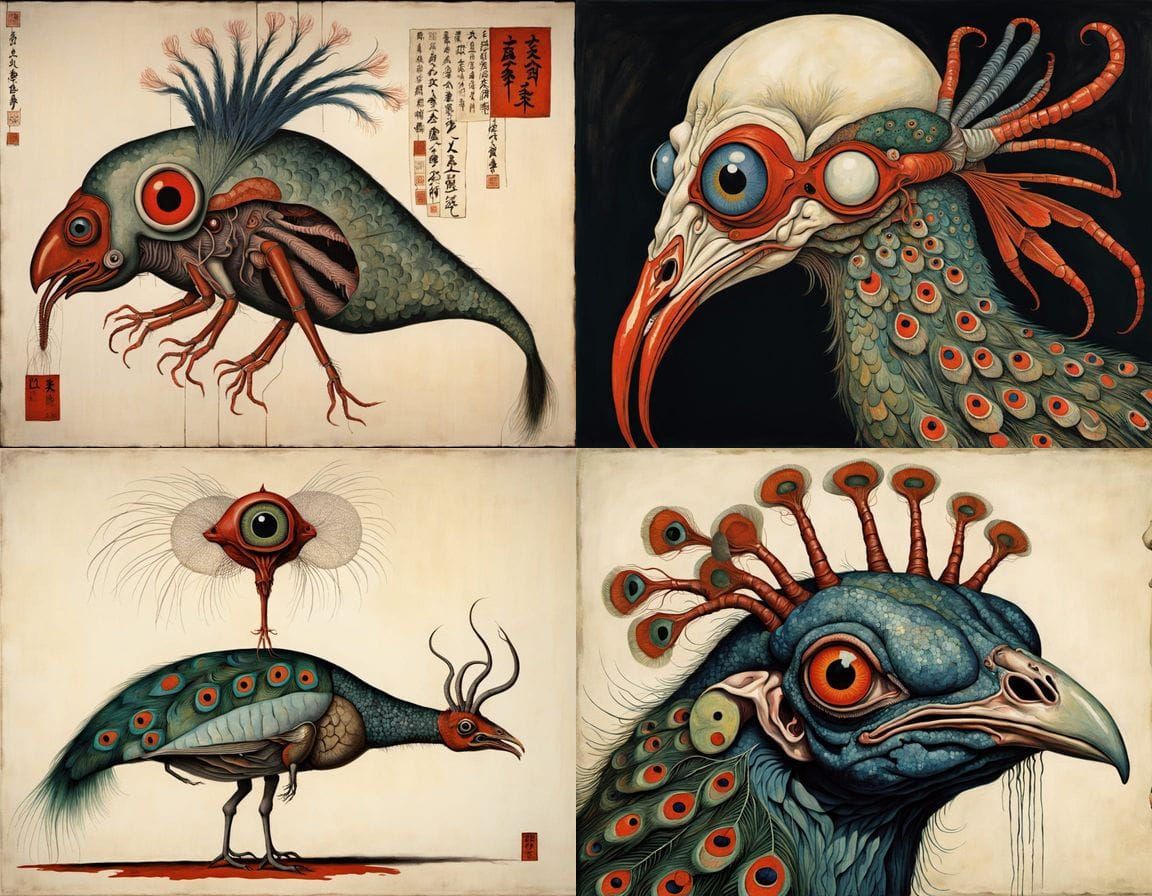 Surreal Ukiyo-e Hybrid Horror: Peacock Prawn Meat Swordfish