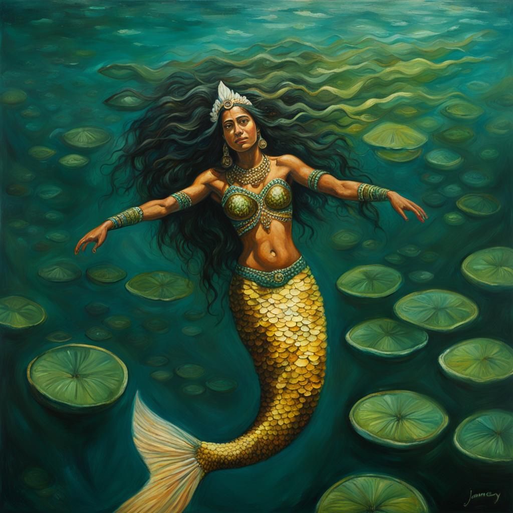 Native Brazilian Mermaid in Amazon River as Oil Painting