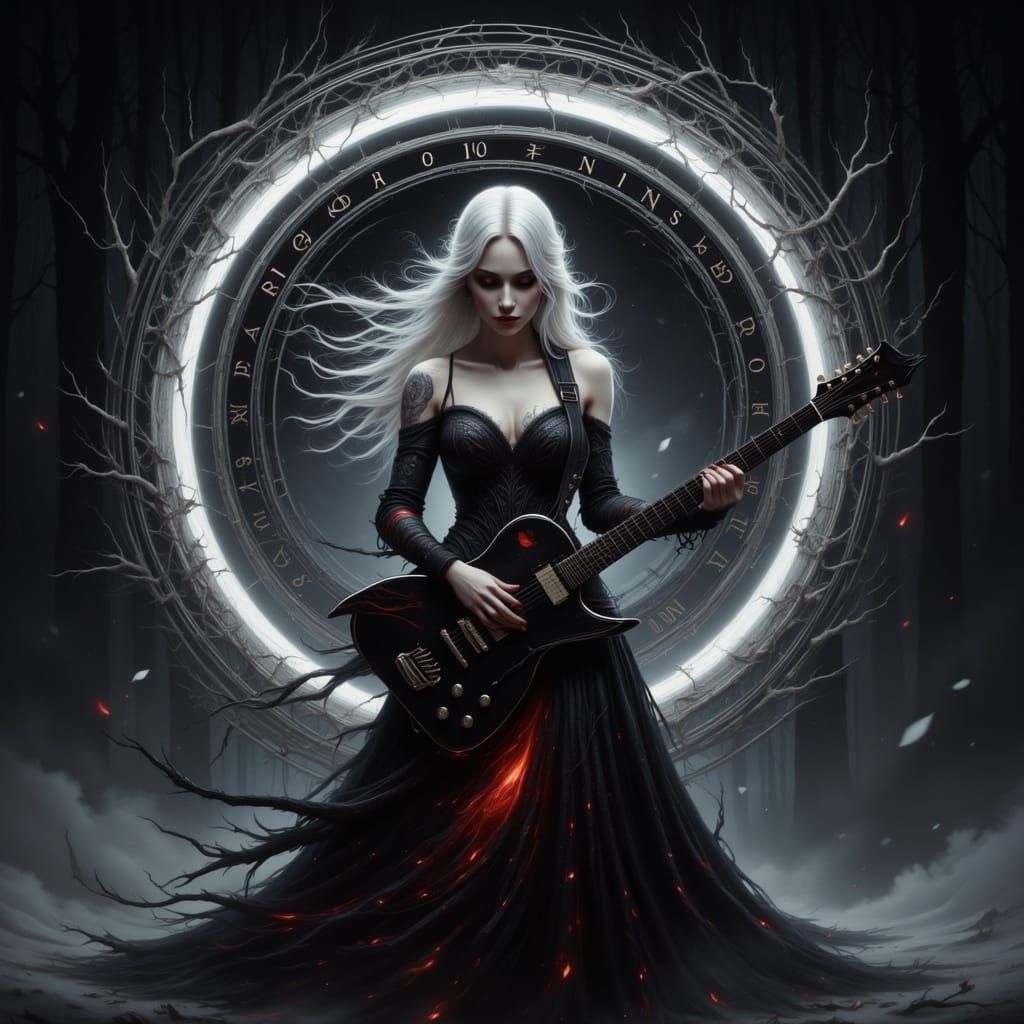 Dark Academia Woman Rocks Electric Guitar with Glowing Rune ...